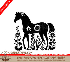 A Silhouette Of A Horse Surrounded By Flowers And Leaves SVG - Floral Horse SVG