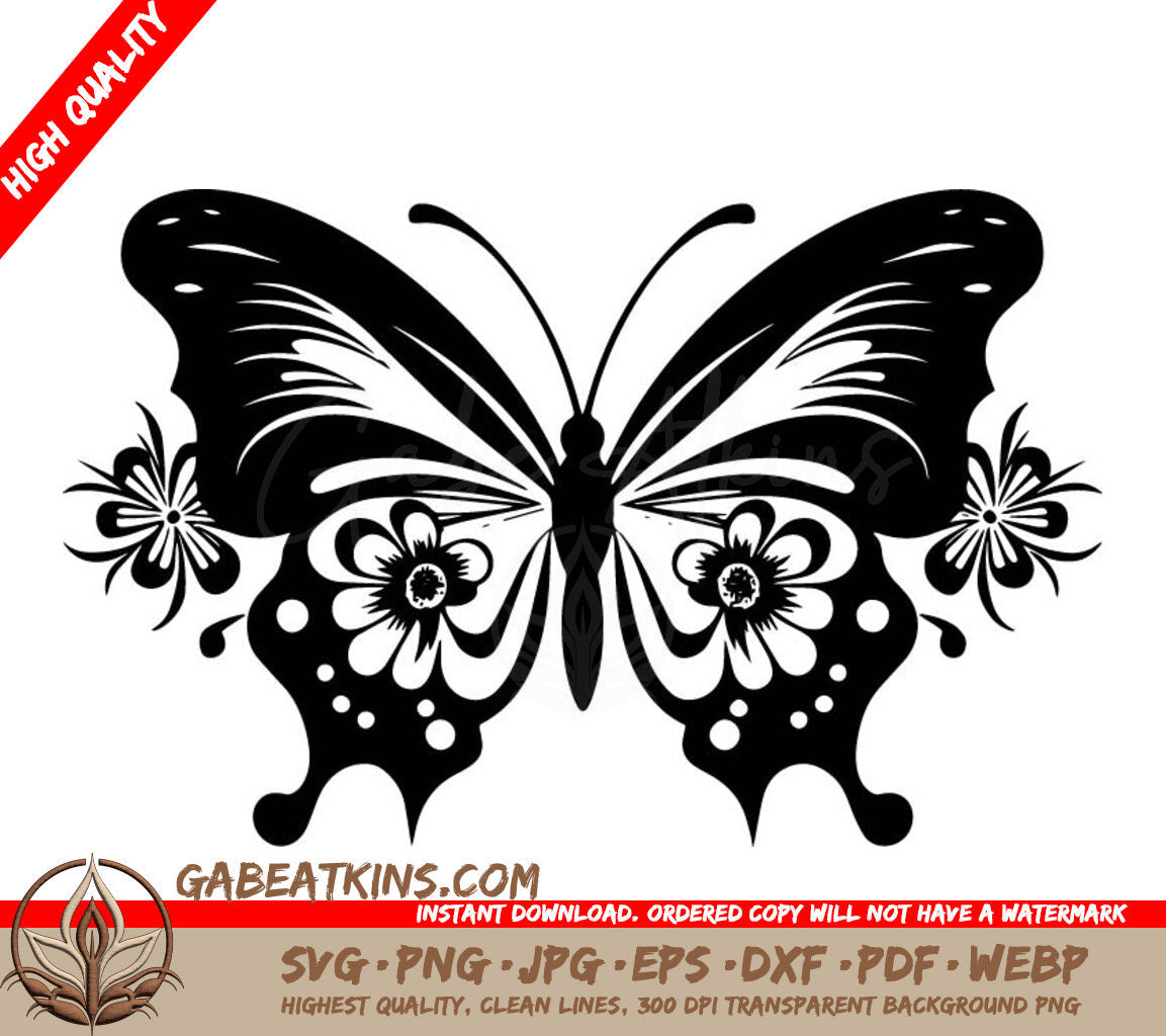 Flower Butterfly SVG - A Black And White Butterfly With Flowers On Its Wings