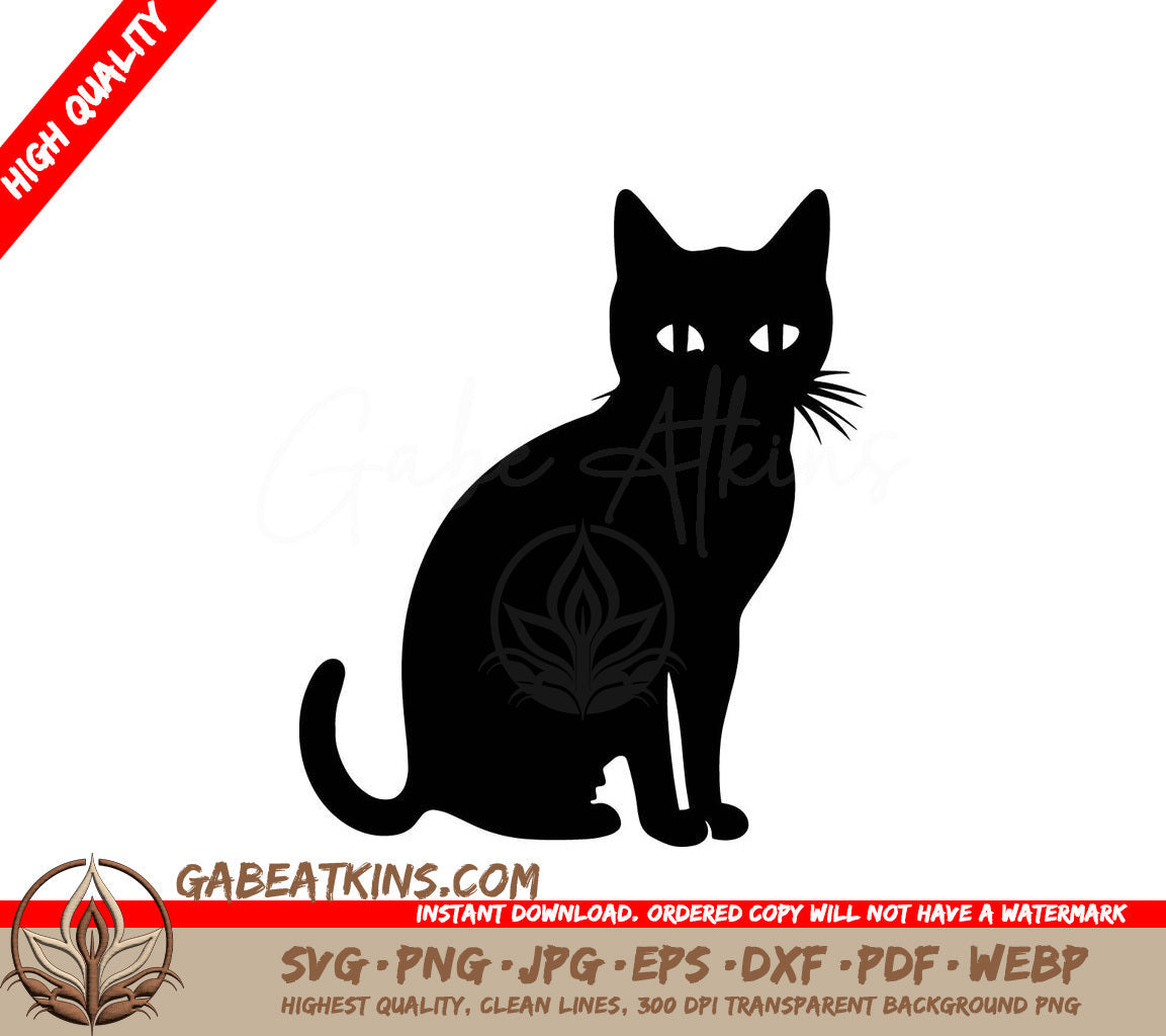 A Silhouette Of A Black Cat Sitting On A White Background SVG - Fluffy Feline SVG