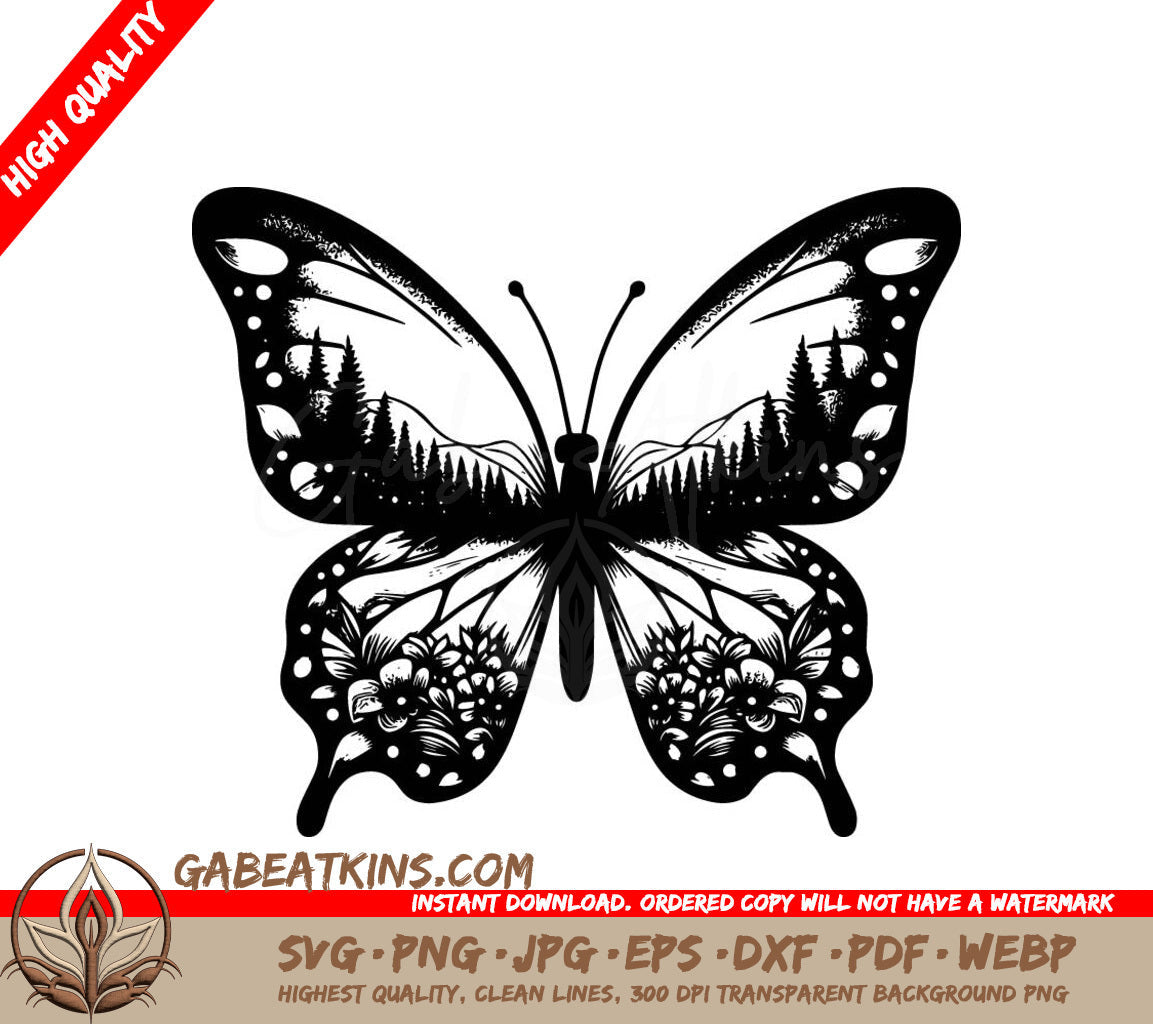 Forest Butterfly Mosaic SVG - A Black And White Butterfly With Flowers And Trees On Its Wings