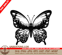 Forest Butterfly Mosaic SVG - A Black And White Butterfly With Flowers And Trees On Its Wings