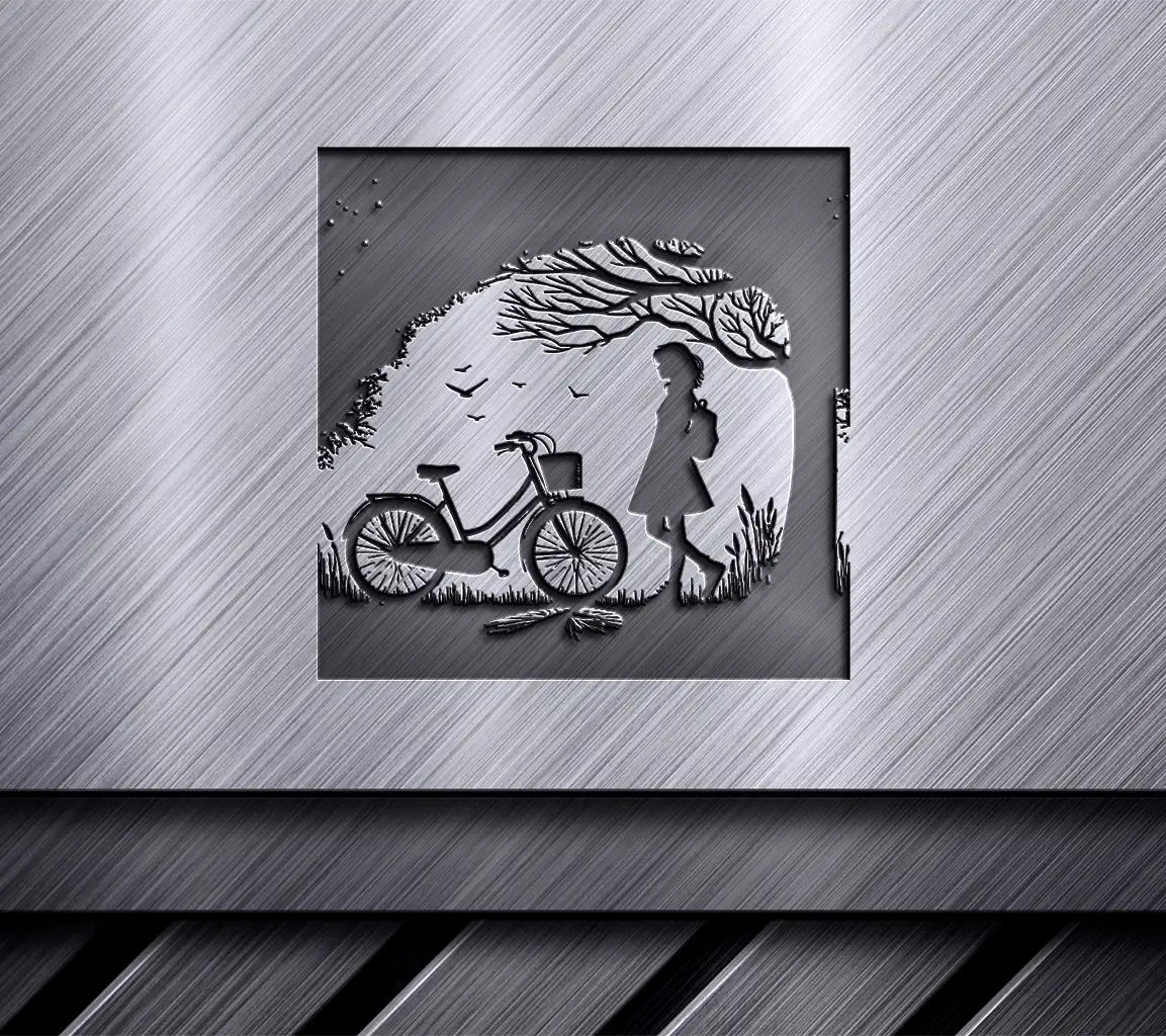 Lonely Girl with Bicycle Nighttime SVG -  Drawing SVG