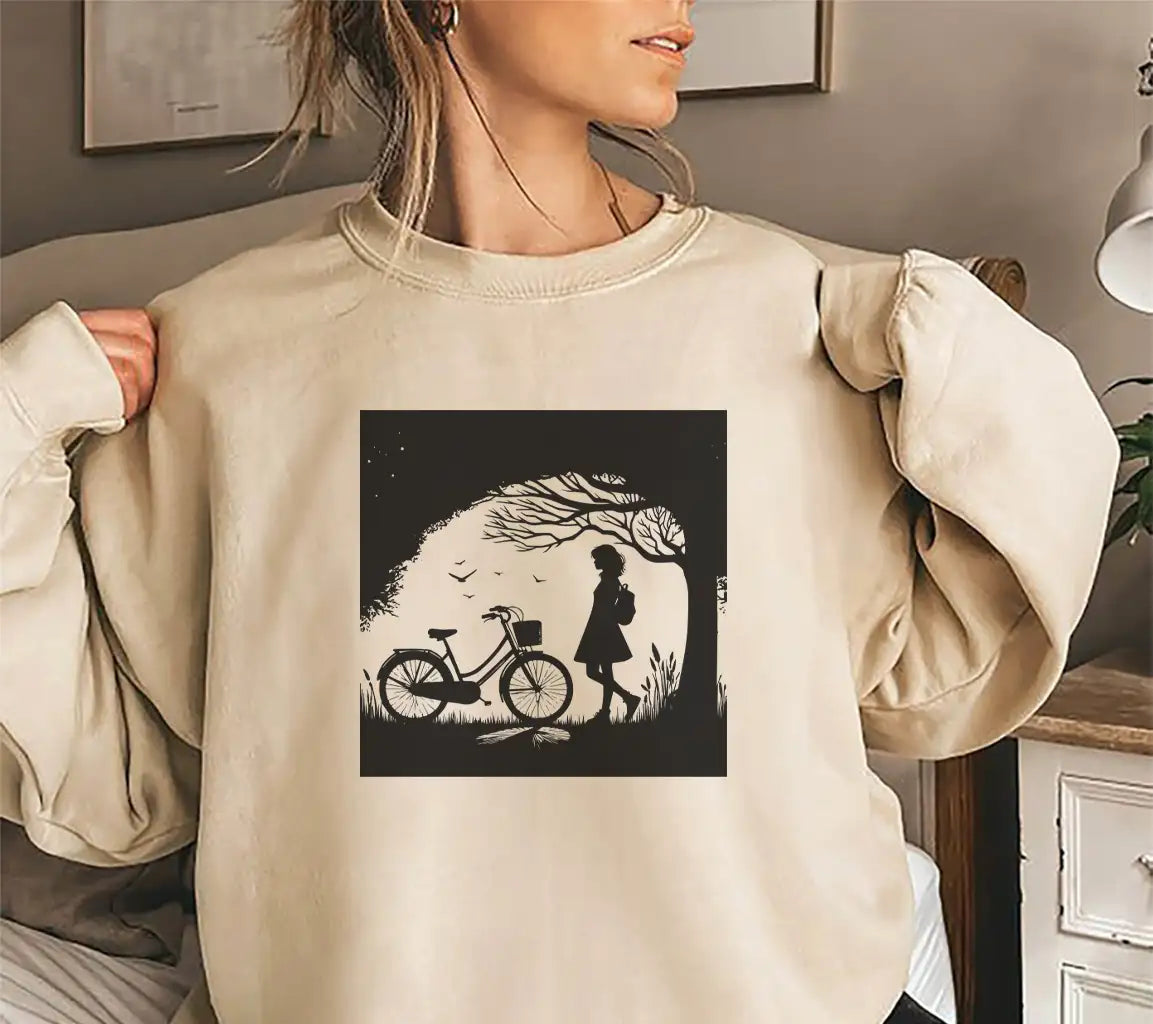 Lonely Girl with Bicycle Nighttime SVG -  Drawing SVG