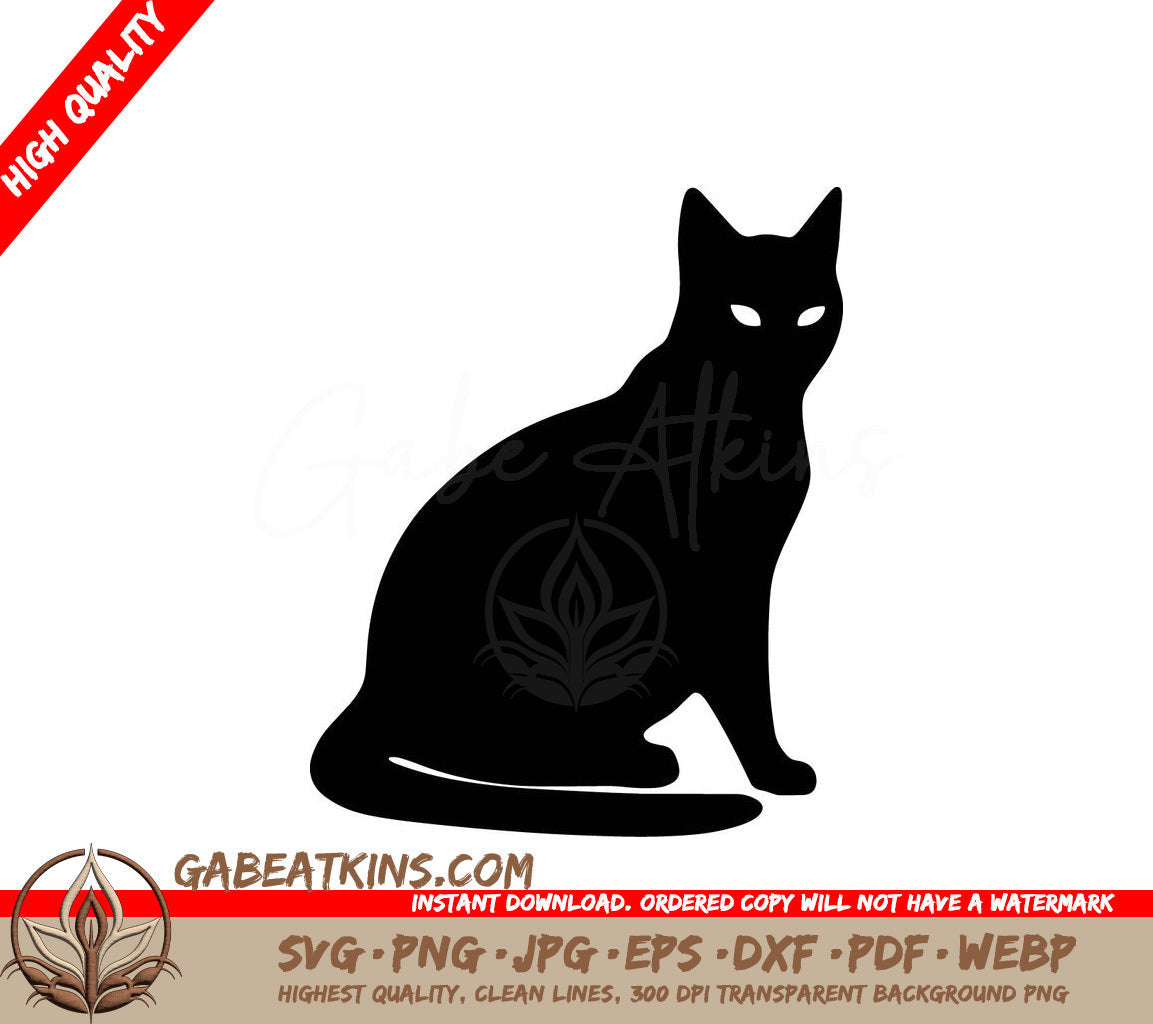 A Black Silhouette Of A Cat Sitting On A White Background SVG - Friendly Feline SVG