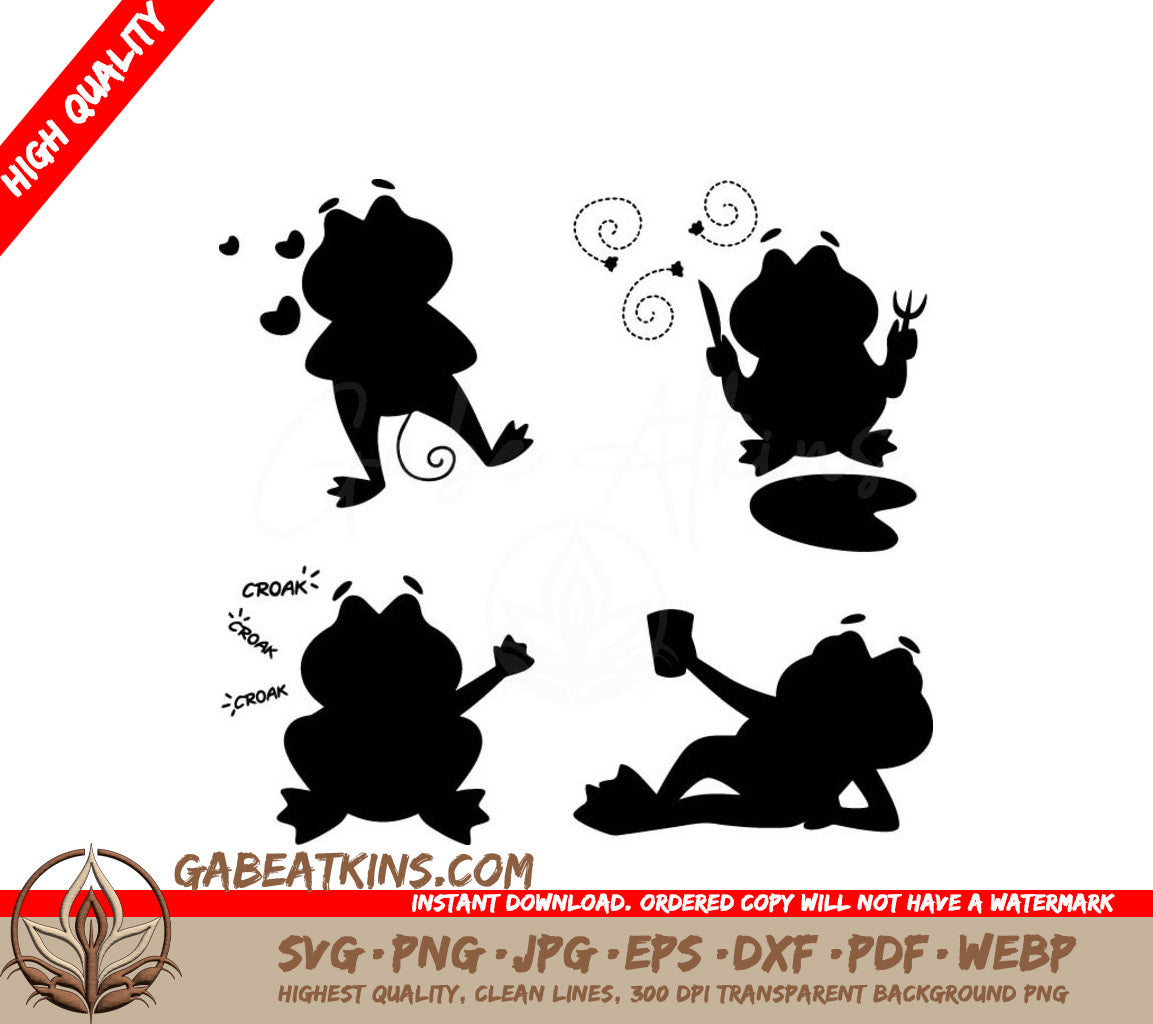 4 Frog Silhouettes SVG Set - Cartoon Croaking Frogs Vector SVG