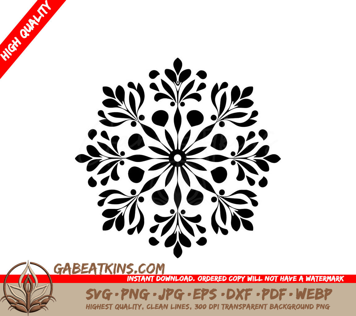 A Black And White Snowflake With Leaves And A Center SVG - Frosty Snowflake SVG