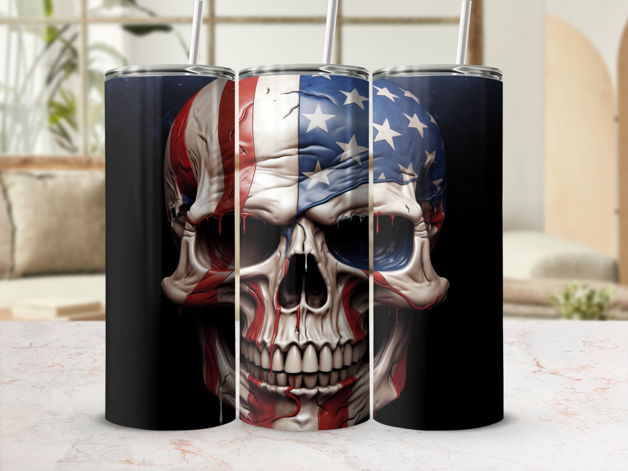 Melting American Flag Skull 20oz Tumbler Design | Patriotic Skull Sublimation Wrap | Bleeding Stars and Stripes Skull Tumbler Graphic | PNG | Tumbler Wrap | 20oz tumbler wrap, 3D effect, 3D Skull, American Flag, clear and detailed, ease of application, enhanced aesthetic allure, high-quality print, indication of resilience, invoke patriotism, national pride, new arrival, patriotic flair, perfect for 20oz tumblers, PNG file, revamp your tumblers, seamless fit, Skulls, Skulls Tumbler Wrap, spirited drinkware,