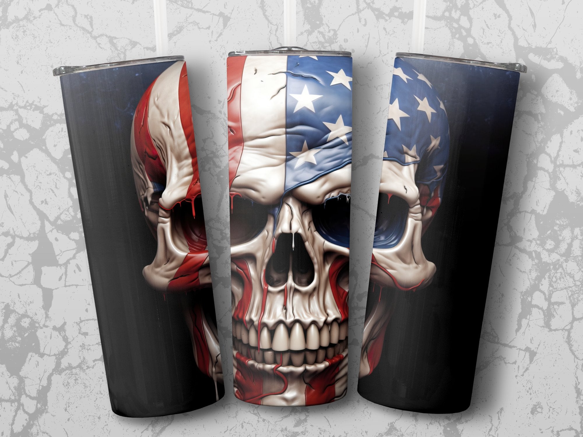 Melting American Flag Skull 20oz Tumbler Design | Patriotic Skull Sublimation Wrap | Bleeding Stars and Stripes Skull Tumbler Graphic | PNG - Gabe Atkins Designs