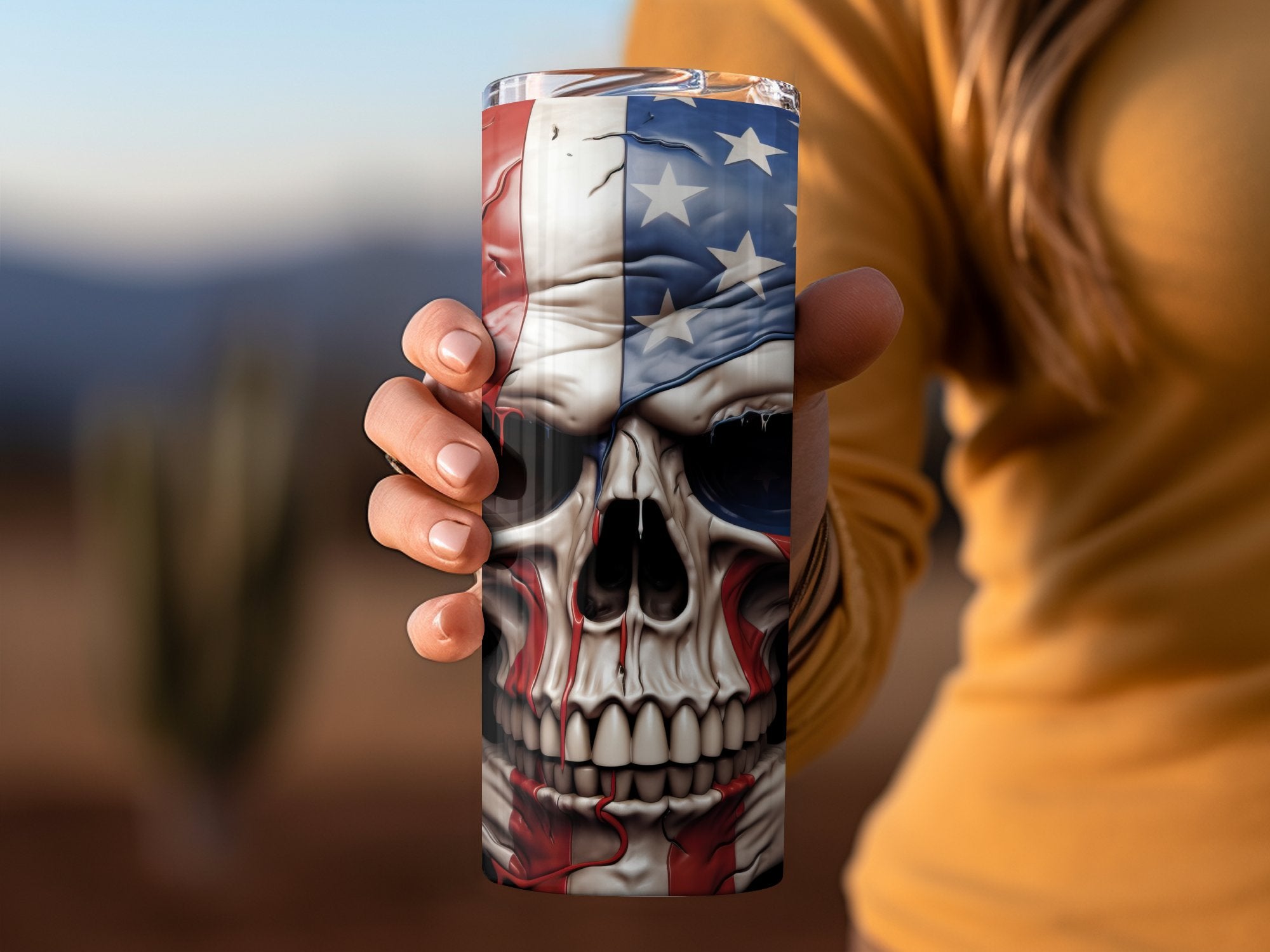 Melting American Flag Skull 20oz Tumbler Design | Patriotic Skull Sublimation Wrap | Bleeding Stars and Stripes Skull Tumbler Graphic | PNG - Gabe Atkins Designs