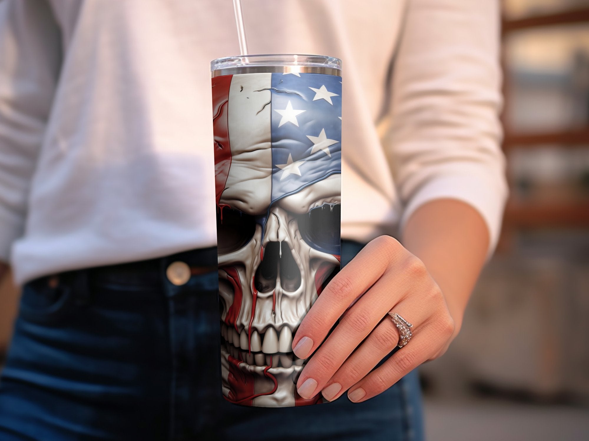 Melting American Flag Skull 20oz Tumbler Design | Patriotic Skull Sublimation Wrap | Bleeding Stars and Stripes Skull Tumbler Graphic | PNG - Gabe Atkins Designs