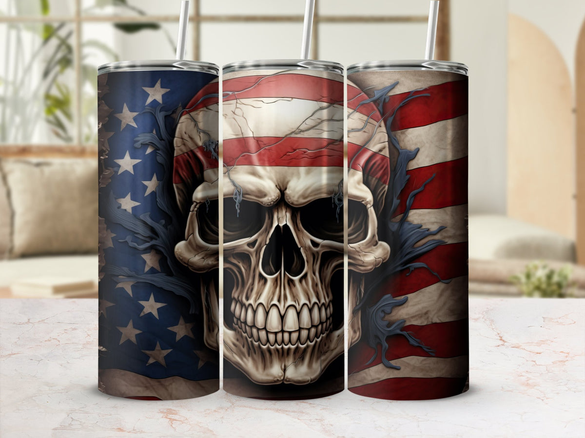 Tattered American Flag Skull 20oz Tumbler Design | Rugged Patriotic Skull Sublimation Wrap | Torn Flag Skull Tumbler Graphic | PNG Download | Tumbler Wrap | 20oz tumbler wrap, 3D Skull, beverage companion, conversation piece, depth and detail, engaging 3D effect, enhanced aesthetic appeal, haunting image, high-quality print, loyalty symbol, new arrival, perfect fit for 20oz tumblers, PNG file, powerful design, resilience, Skulls, Skulls Tumbler Wrap, spirit of resilience, straight format, strength to persis