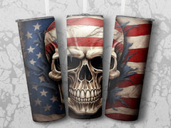 Tattered American Flag Skull 20oz Tumbler Design | Rugged Patriotic Skull Sublimation Wrap | Torn Flag Skull Tumbler Graphic | PNG Download - Gabe Atkins Designs