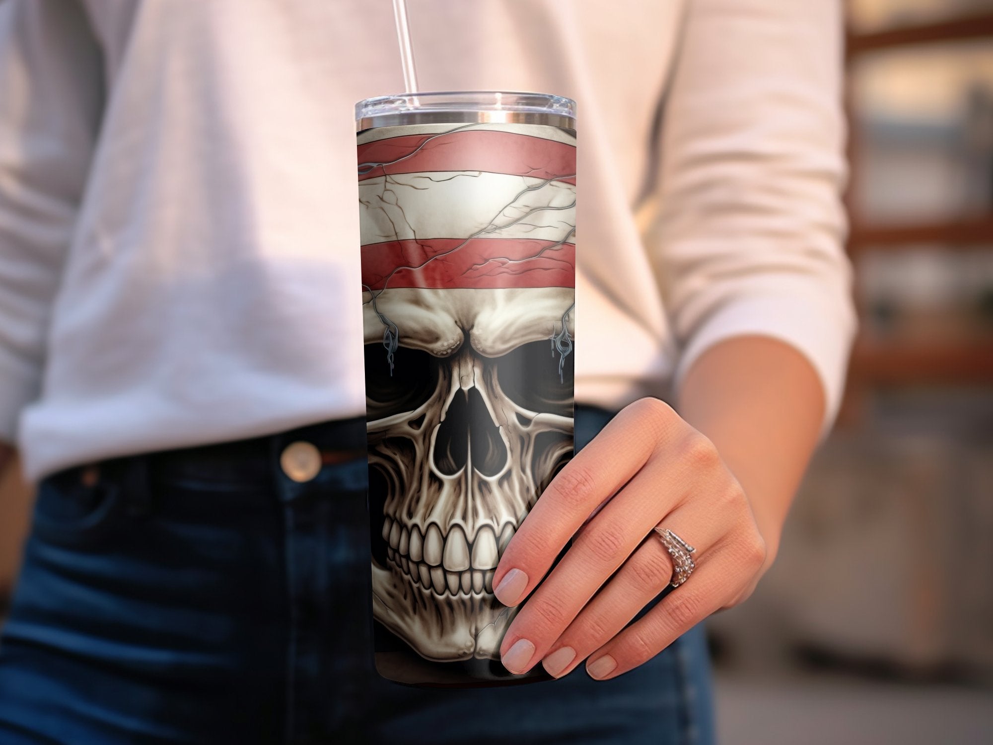 Tattered American Flag Skull 20oz Tumbler Design | Rugged Patriotic Skull Sublimation Wrap | Torn Flag Skull Tumbler Graphic | PNG Download - Gabe Atkins Designs