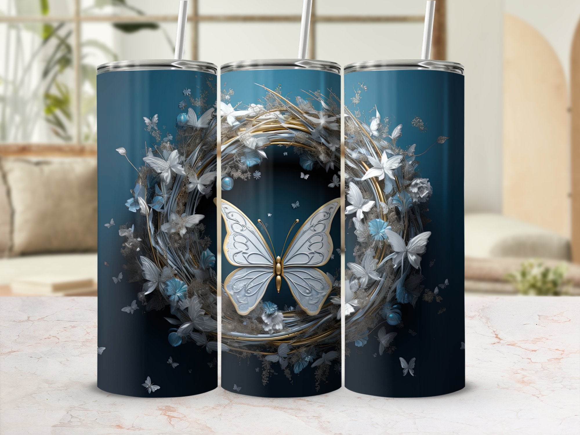 Frosted Elegance: Winter Motifs and Butterflies 20oz Tumbler Wrap Subl | Butterflies 20oz Tumbler Wrap Sublimation PNG Collection