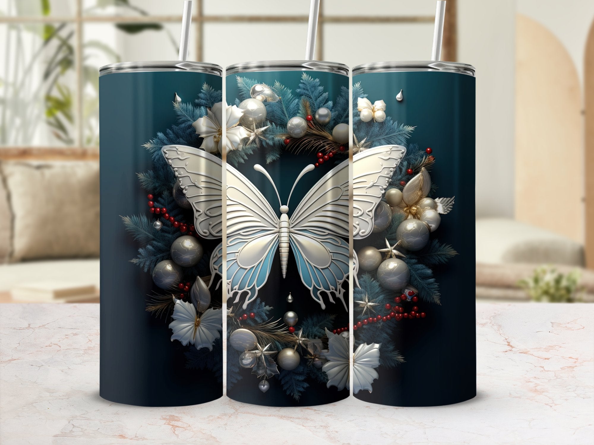 Frosted Elegance: Winter Motifs and Butterflies 20oz Tumbler Wrap Subl | Butterflies 20oz Tumbler Wrap Sublimation PNG Collection