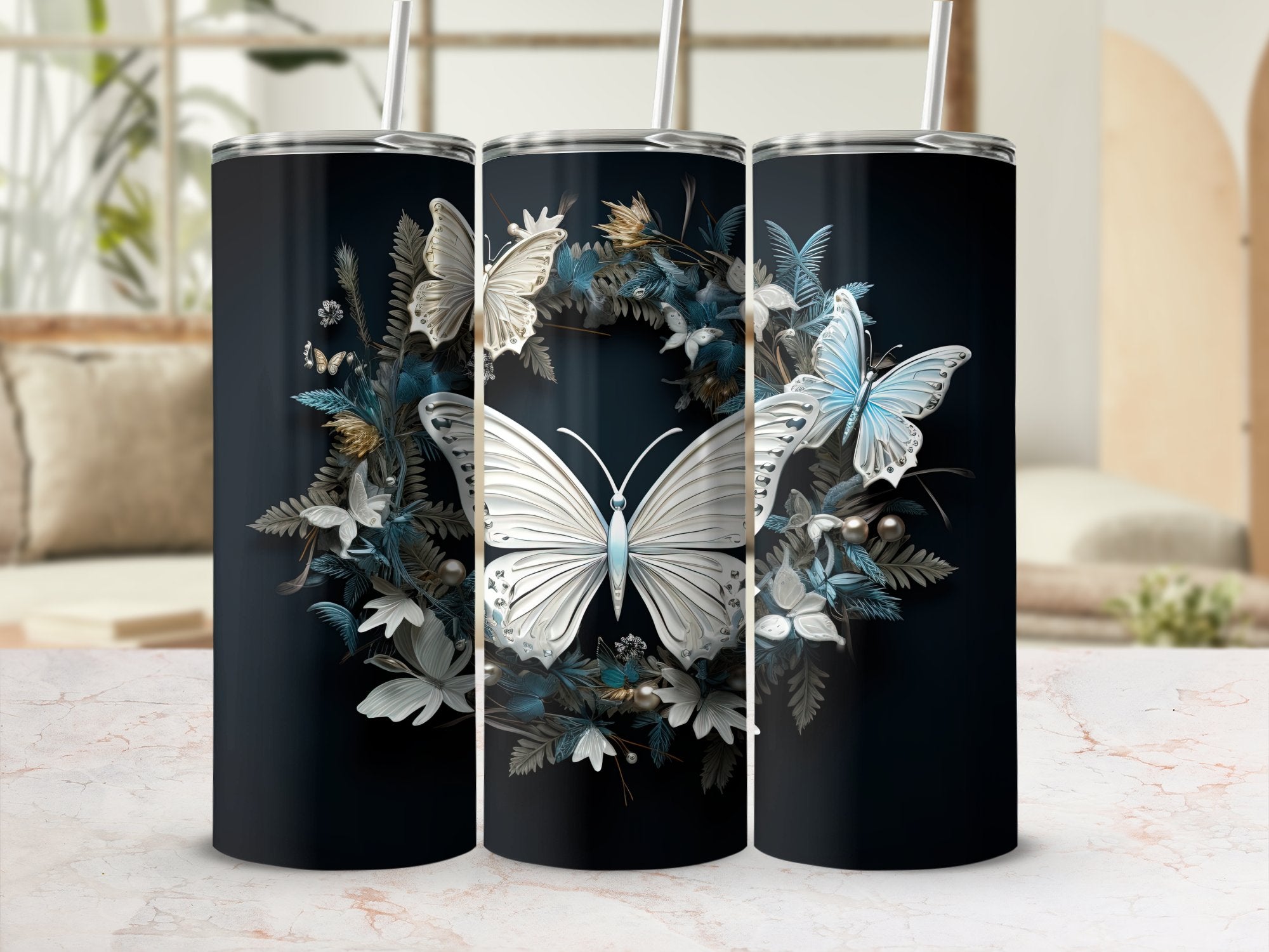 Frosted Elegance: Winter Motifs and Butterflies 20oz Tumbler Wrap Subl | Butterflies 20oz Tumbler Wrap Sublimation PNG Collection