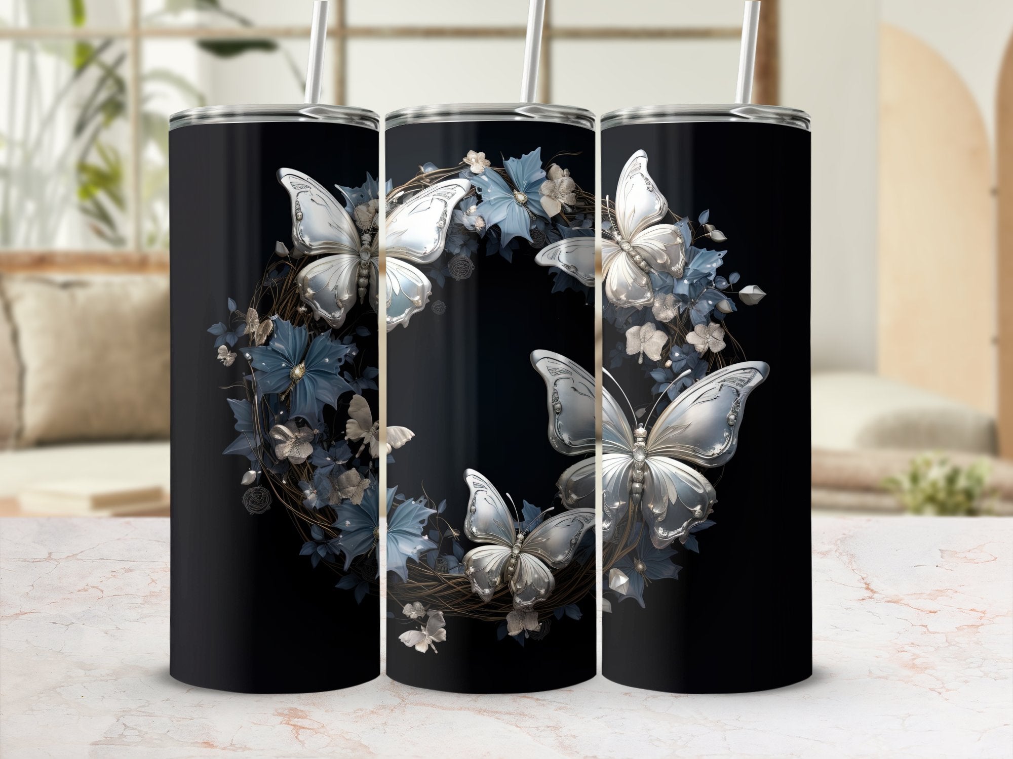 Frosted Elegance: Winter Motifs and Butterflies 20oz Tumbler Wrap Subl | Butterflies 20oz Tumbler Wrap Sublimation PNG Collection