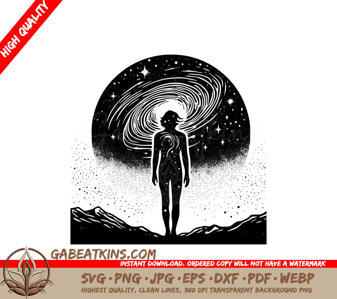  A Person Standing In Front Of A Spiral Galaxy SVG - Galactic Embrace SVG