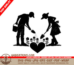 A Man And A Woman Gardening With A Heart In The Middle SVG - Gardening Sweethearts SVG