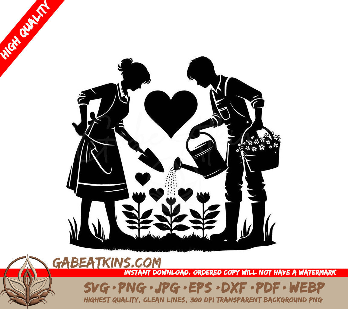 A Man And A Woman Watering Flowers With A Heart In The Background SVG - Gardening Together SVG