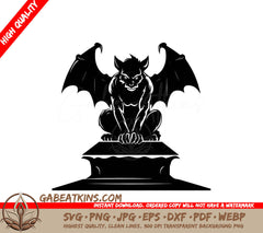 A Black And White Drawing Of A Gargoyle Sitting On A Pedestal