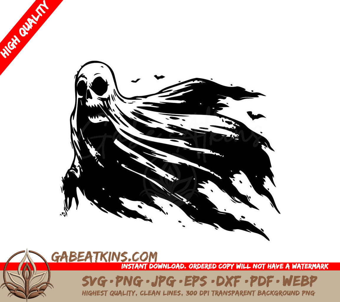  Ghost with Bats SVG - Flowing Cloak Skull Design SVG