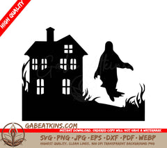 A Silhouette Of A Ghost Standing In Front Of A Haunted House