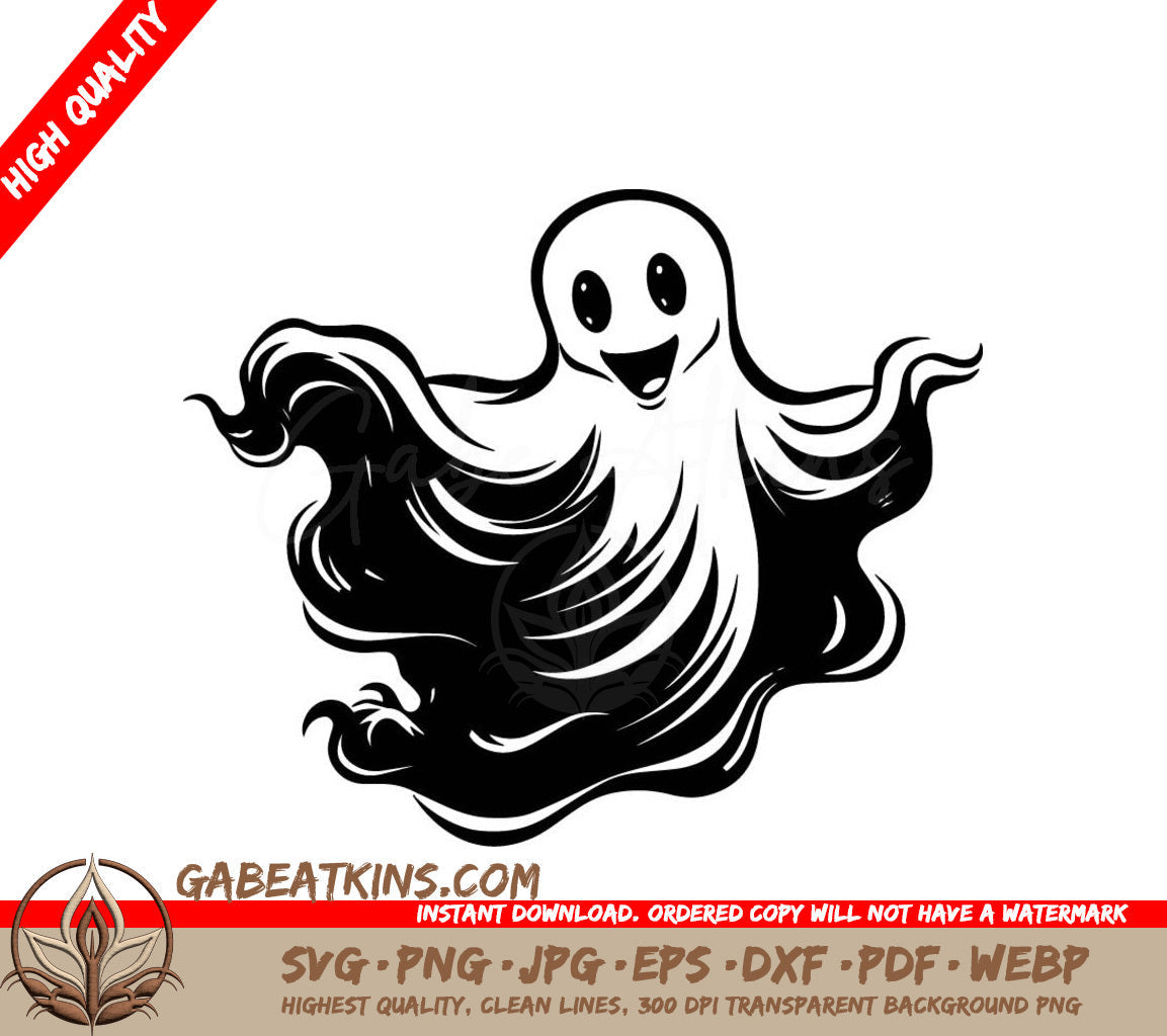 A Black And White Drawing Of A Ghost With A Smiling Face