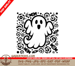 A Black And White Drawing Of A Ghost Surrounded By Candy And Swirls