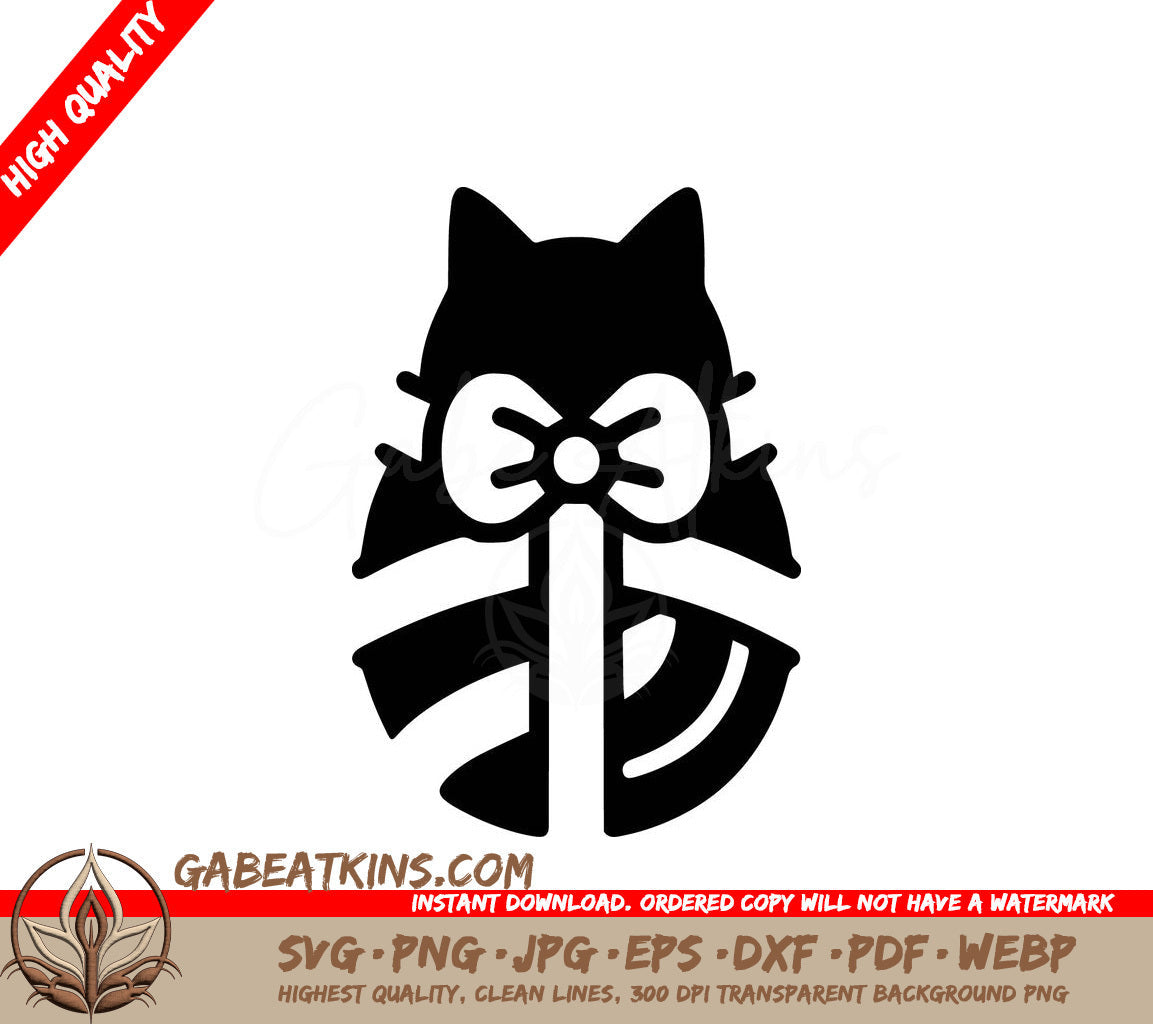 A Black And White Silhouette Of A Cat With A Bow SVG - Gift Wrapped Kitty SVG