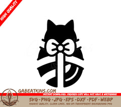 A Black And White Silhouette Of A Cat With A Bow SVG - Gift Wrapped Kitty SVG