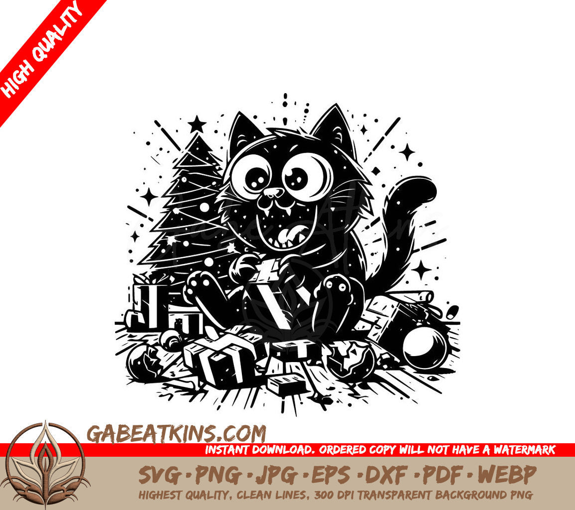 A Black Cat Is Sitting In Front Of A Christmas Tree SVG - Gifted Kitty SVG