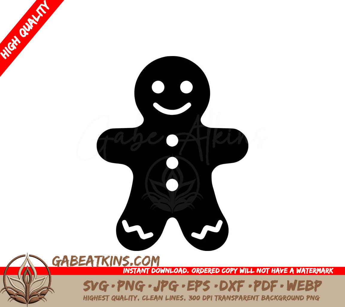 A Black And White Gingerbread Man With A Smile On His Face SVG - Gingerbread Man SVG