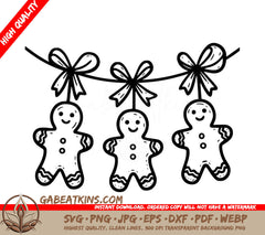 Three Gingerbread Men Are Hanging From A String With Bows SVG - Gingerbread Man Garland SVG