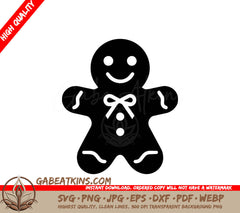 A Black And White Gingerbread Man With A Bow Around His Neck SVG - Gingerbread Man with Bow SVG