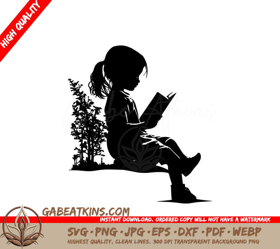 A Silhouette Of A Little Girl Reading A Book SVG - Girl Reading Book Outside SVG