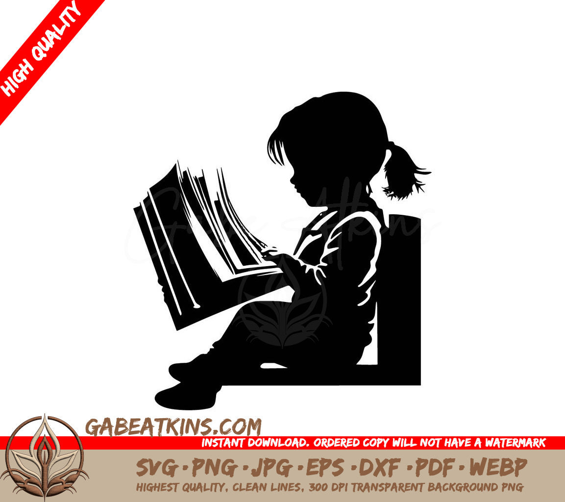 A Silhouette Of A Little Girl Reading A Book SVG - Girl Reading Book SVG