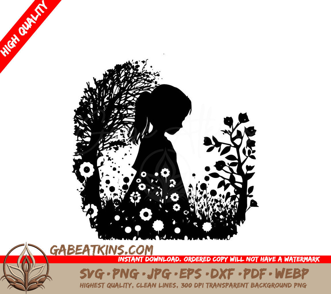 A Silhouette Of A Girl In A Field Of Flowers SVG - Girl in Springtime SVG