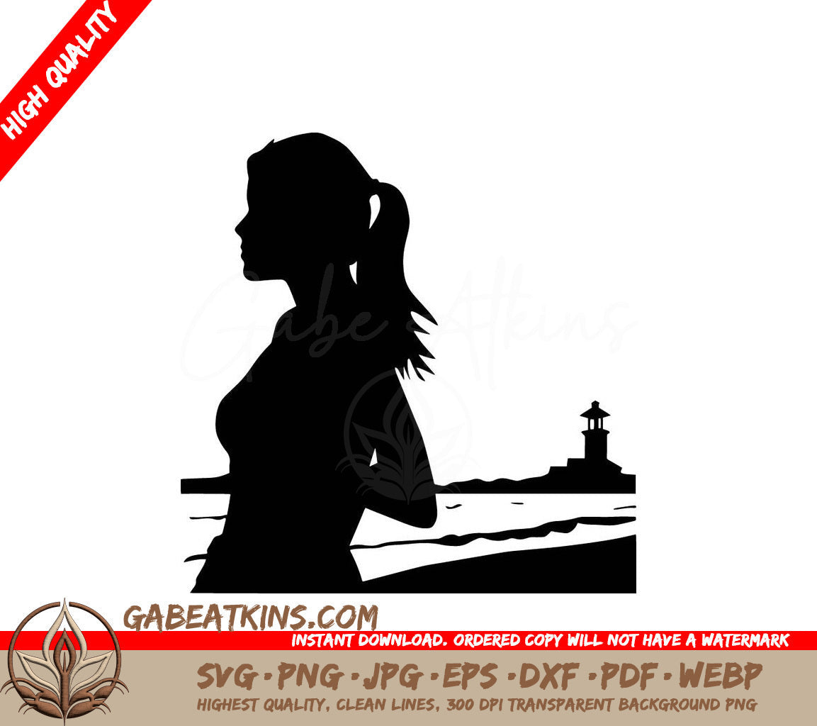 A Silhouette Of A Woman With A Lighthouse In The Background SVG - Girl on Beach with Lighthouse SVG