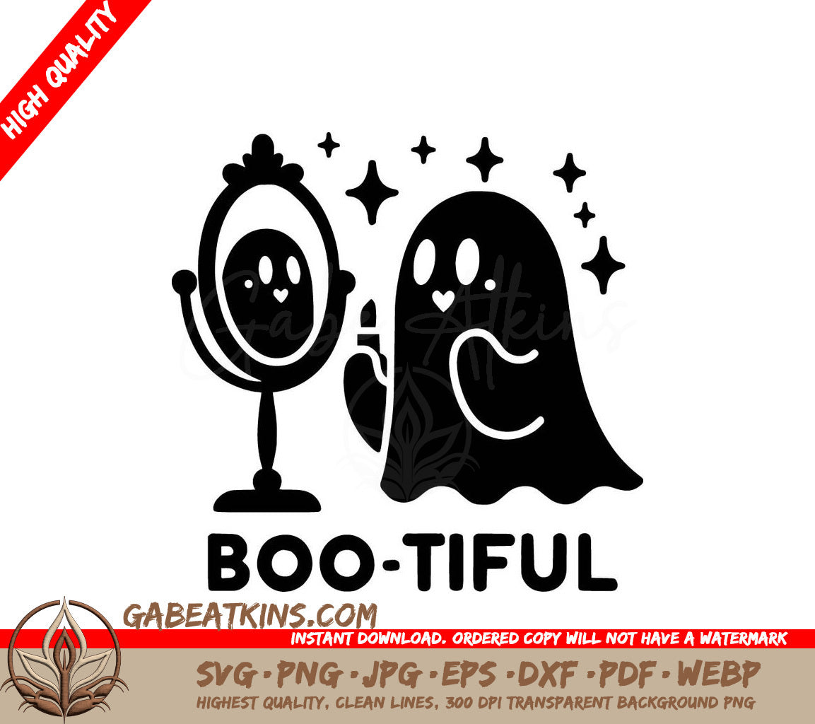 A Black And White Drawing Of A Ghost Looking In A Mirror With The Words Boo-Tiful Below It