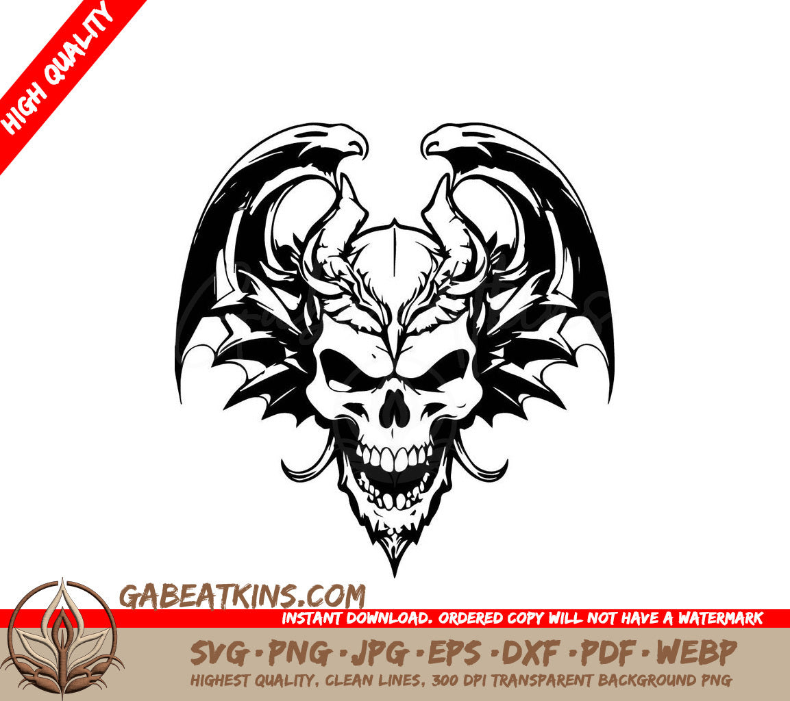 Gothic Skull with Horns & Wings SVG -  Drawing SVG