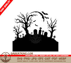 A Silhouette Of A Cemetery With Trees And Bats