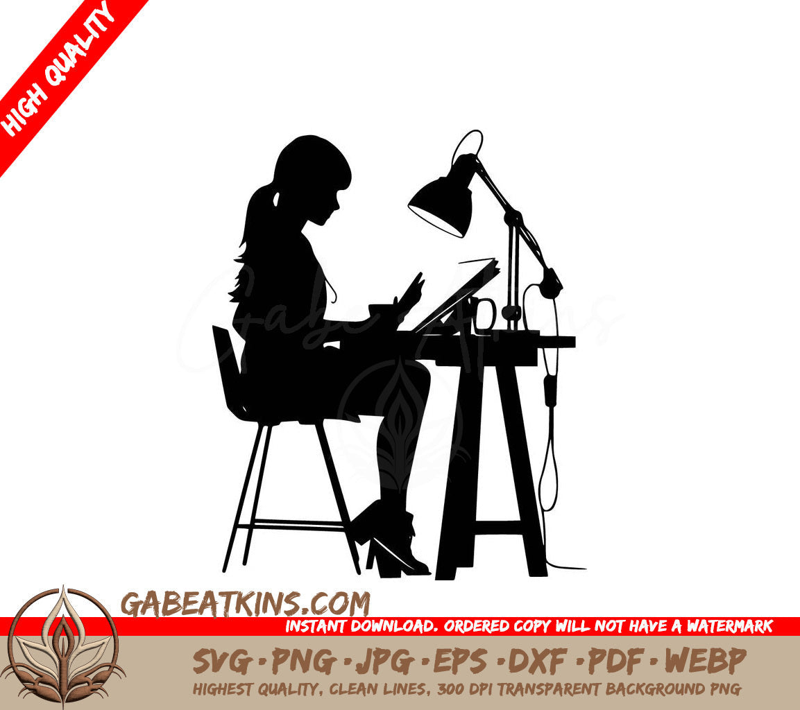 A Silhouette Of A Woman Sitting At A Desk With A Lamp SVG - Graphic Designer SVG