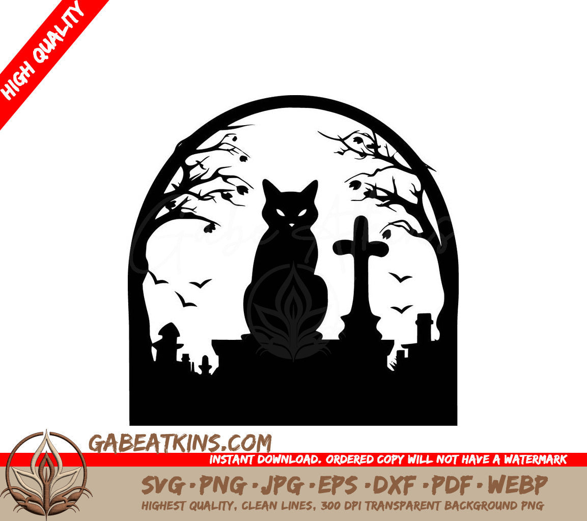 A Black And White Drawing Of A Cat In A Cemetery