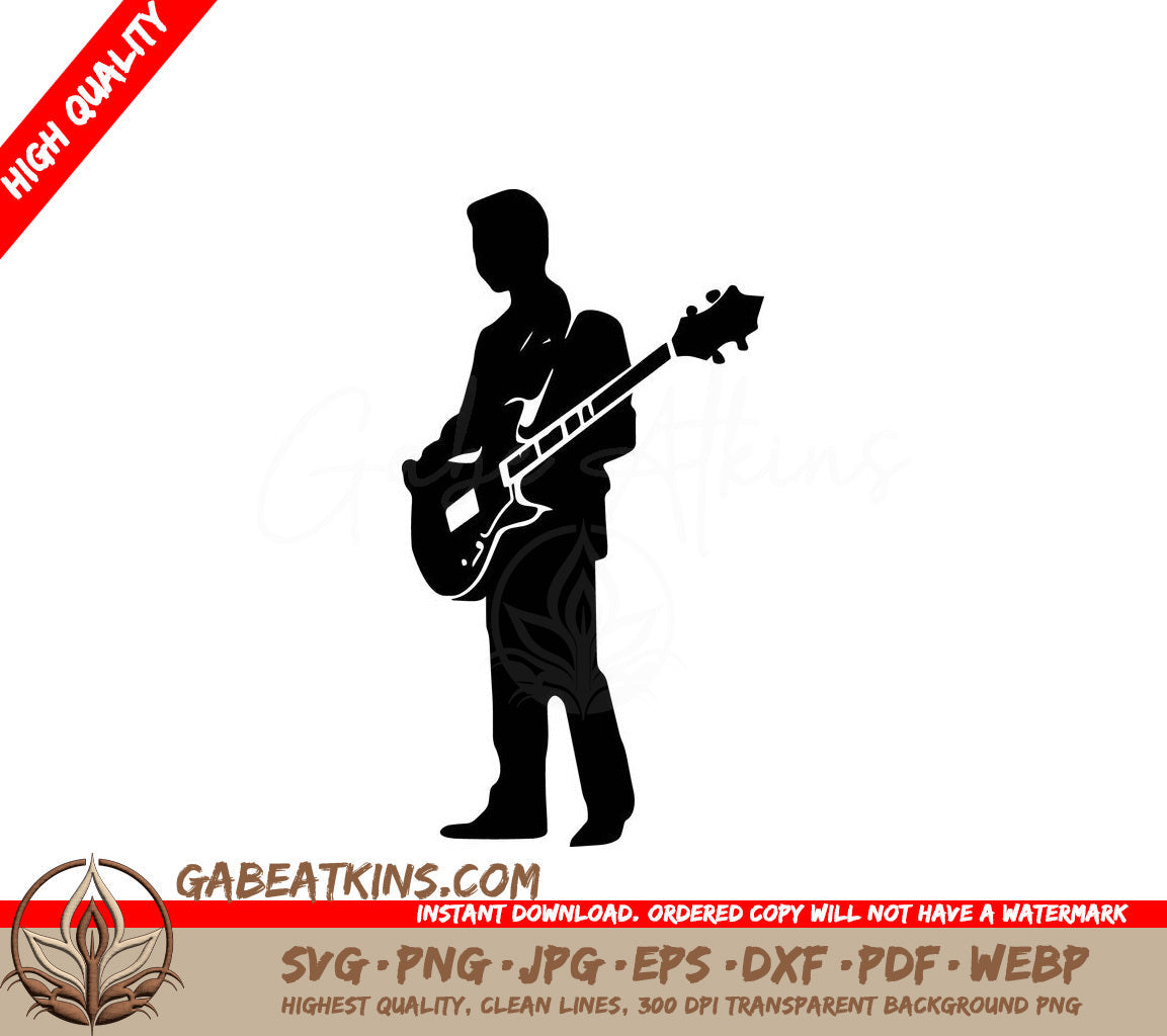 A Silhouette Of A Man Playing An Electric Guitar SVG - Guitar Man SVG