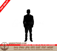 A Silhouette Of A Man With His Hands In His Pockets SVG - Guy in Suit SVG