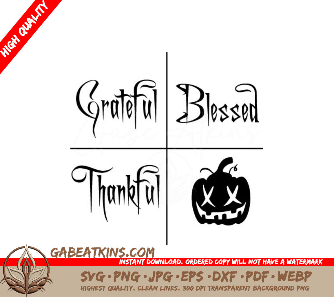 Grateful, Blessed, Thankful Pumpkin SVG Clipart Set - Halloween Design SVG