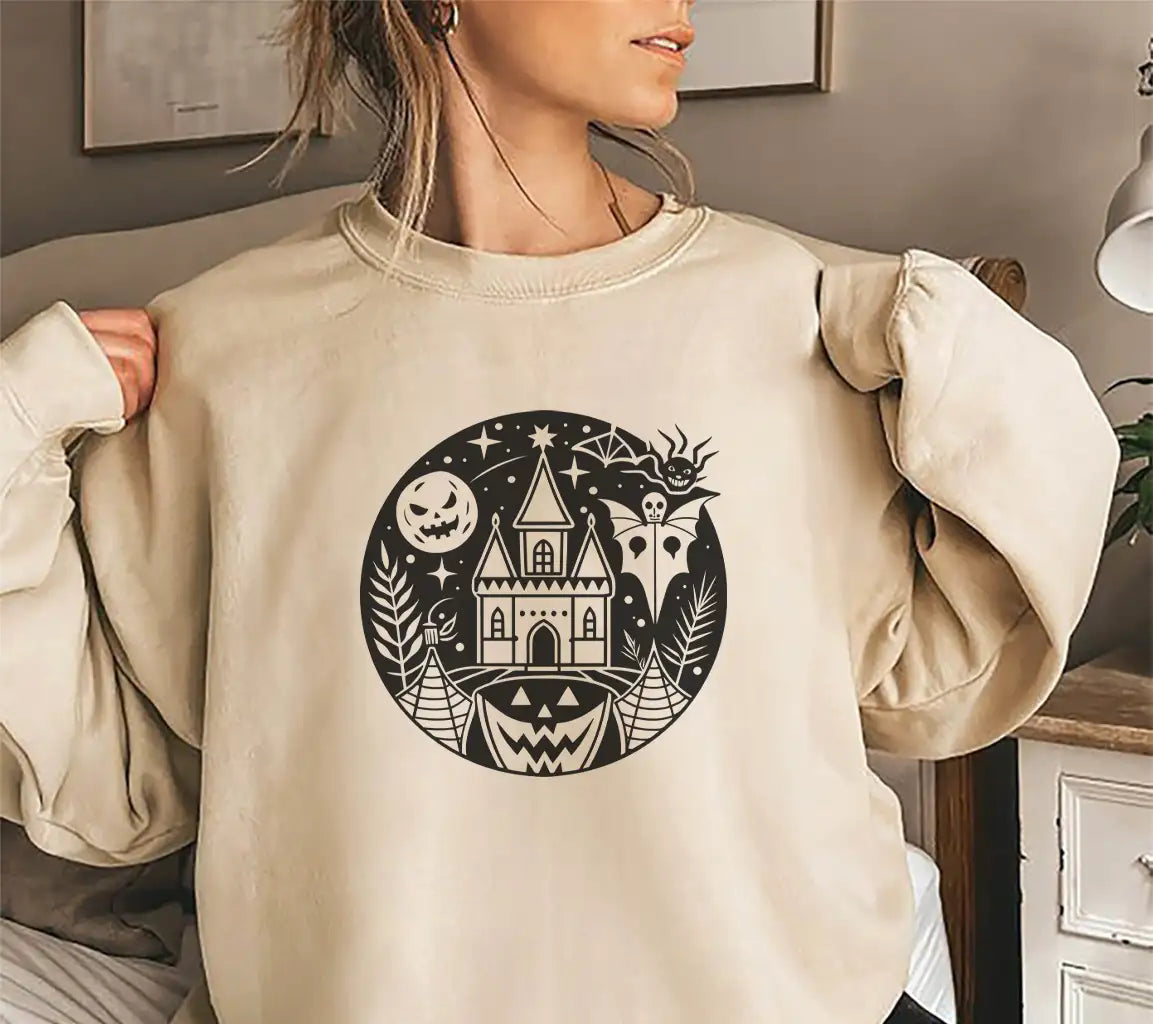 Haunted House Halloween SVG  Spooky Castle with Pumpkins & Bats SVG