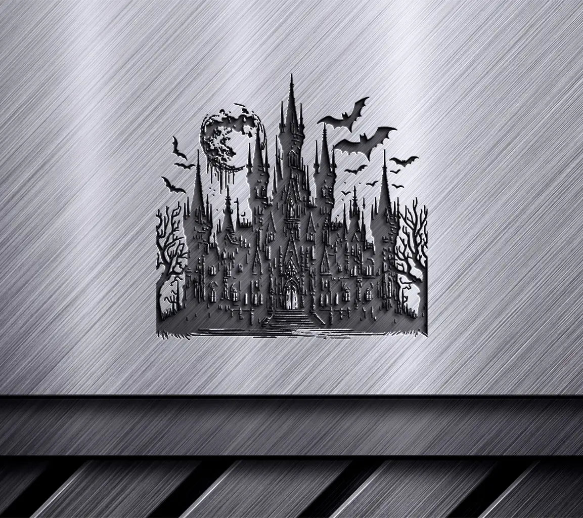 Gothic Castle Halloween SVG -  Drawing with Bats and Full Moon SVG