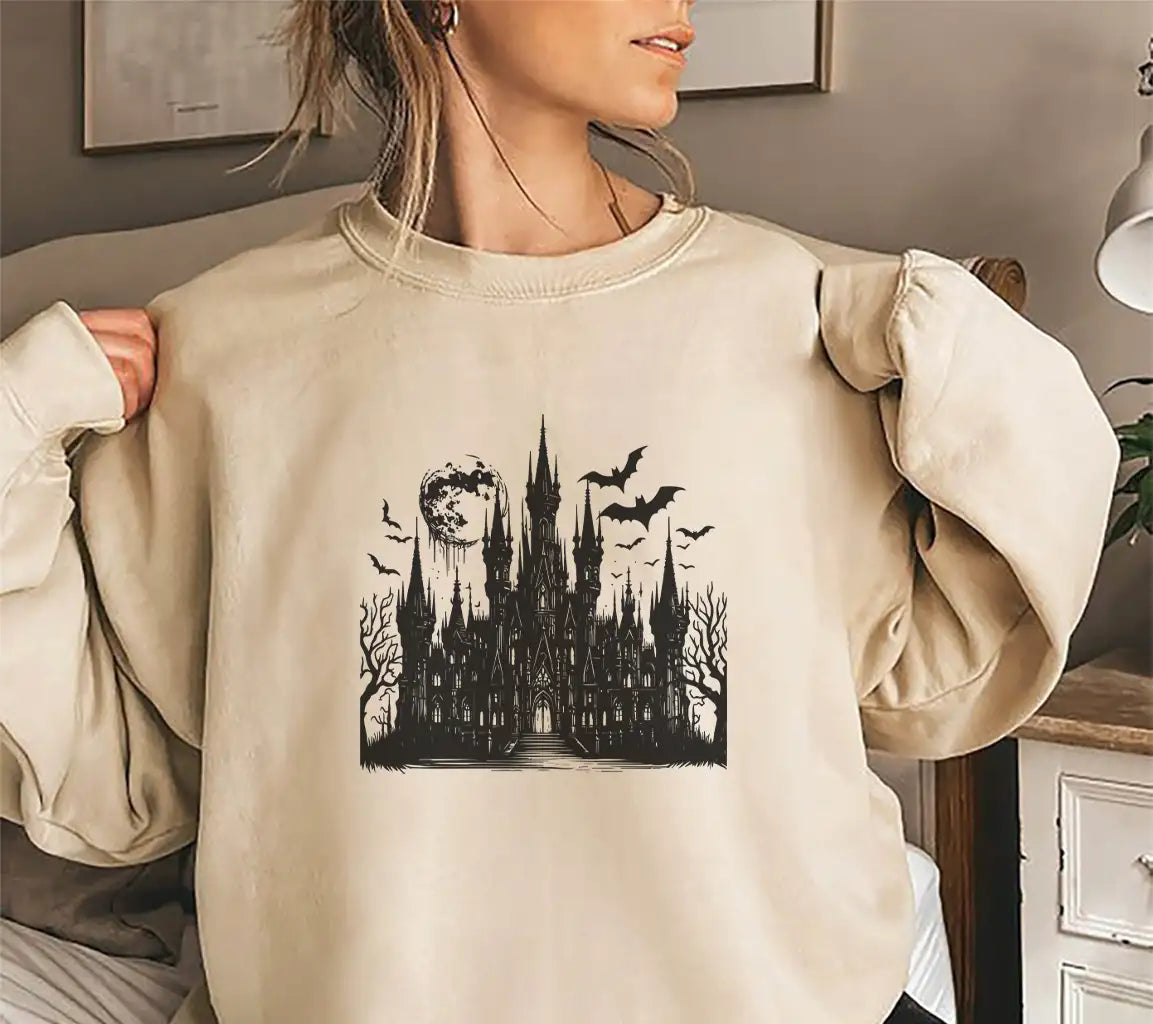 Gothic Castle Halloween SVG -  Drawing with Bats and Full Moon SVG